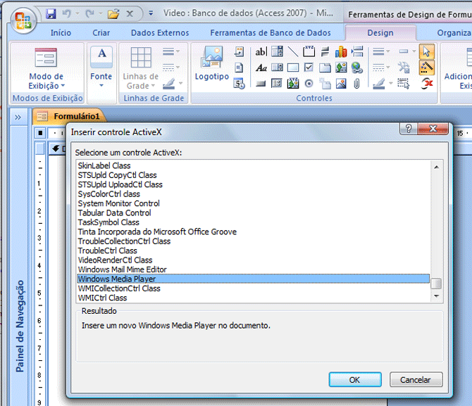 Selecionado o ActiveX do Windows Media Player
