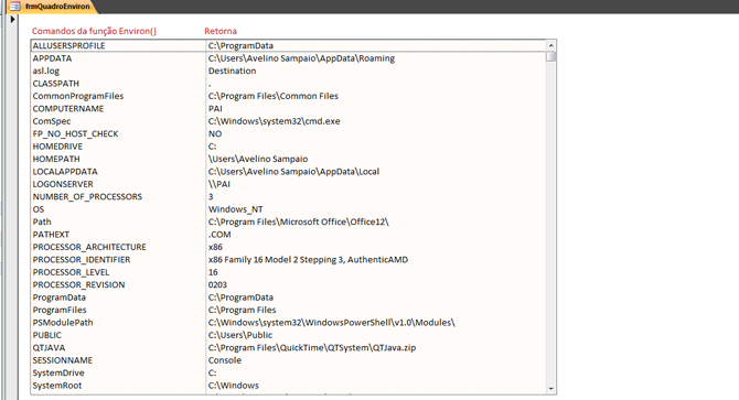 Usando Access - Lista comandos environ()