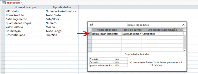 Usando Access - Create Index