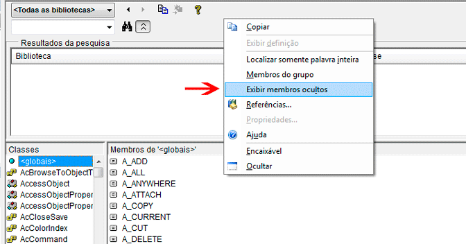 Pesquisador de objetos - Exibir membros ocultos