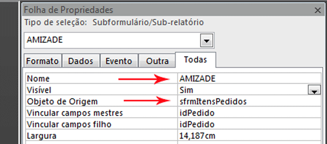 Usando Access - Propriedades Controle Subformulário
